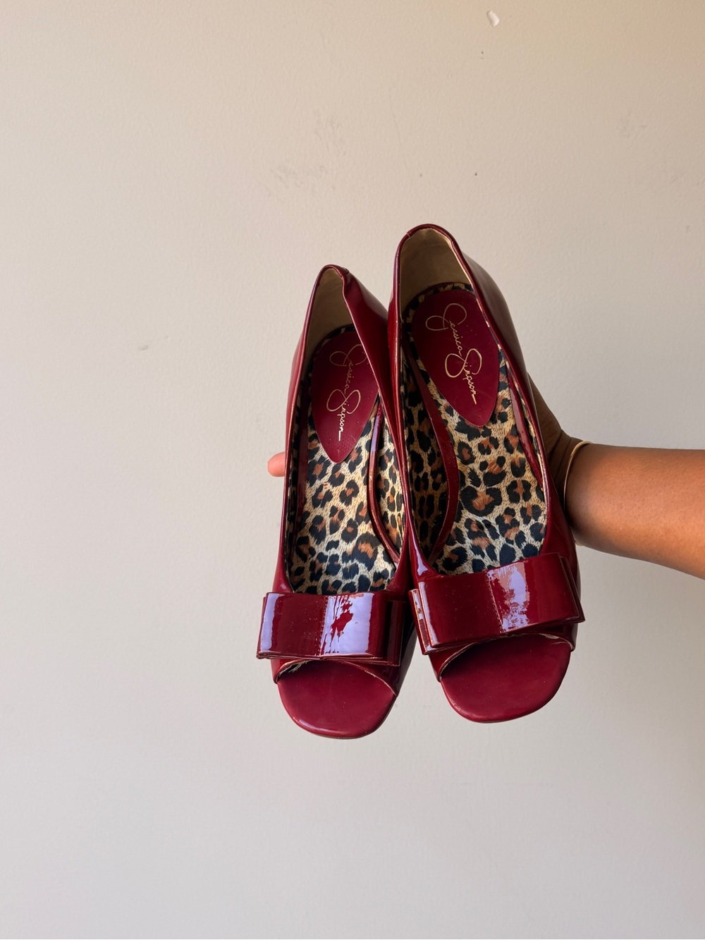 Jessica Simpson Wine Patent Peep-Toe Heels with Bow